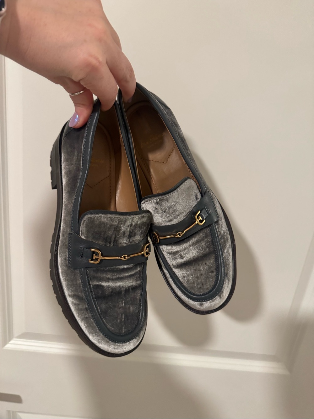 Sam Edelman Tully Gray Velvet Horsebit Loafers with Gold Hardware Size 8